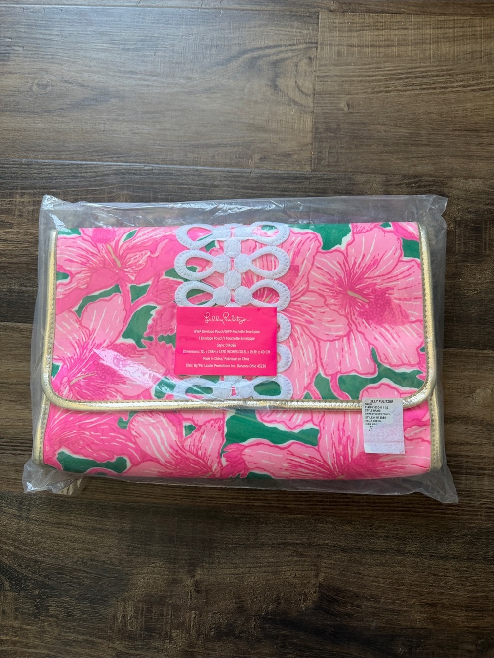 NEW Lilly Pulitzer Pink & Green Floral Envelope Clutch w/ white trim & Gold Trim - Picture 4 of 7